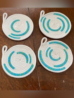Set of 4 Cotton Rope Coasters – 5” Boho Drink Mats, White with Turquoise Accents